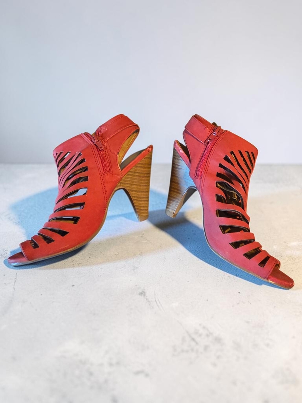 Source Unknown Coral Cutout Slingback Heels Peep Toe Cage Sandals Stacked Heel